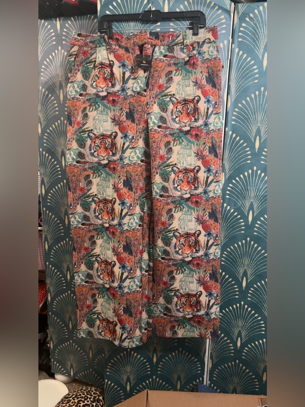 Dressed in LALA Tropical Tiger Print Wide-Leg Trousers - Coral, Teal, Cream